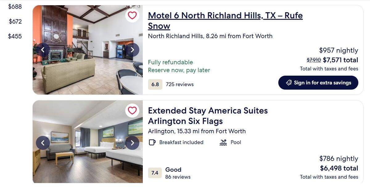 Rates for two area hotels listed on Hotels.com showed a dramatic price hike for the first week of the World Cup, which begins in North Texas on June 14.